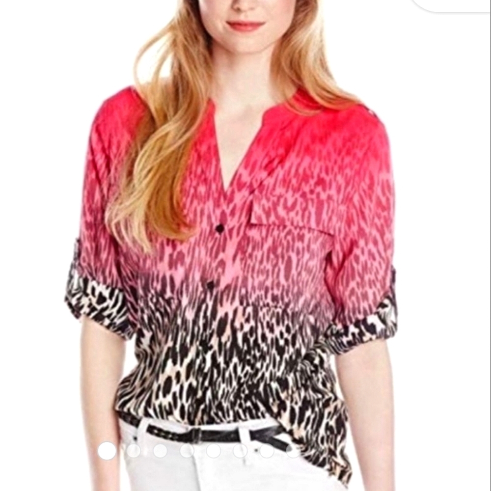 CALVIN KLEIN Leopard Print Blouse, Sz S, Button Down, Pink/Black, Polyester